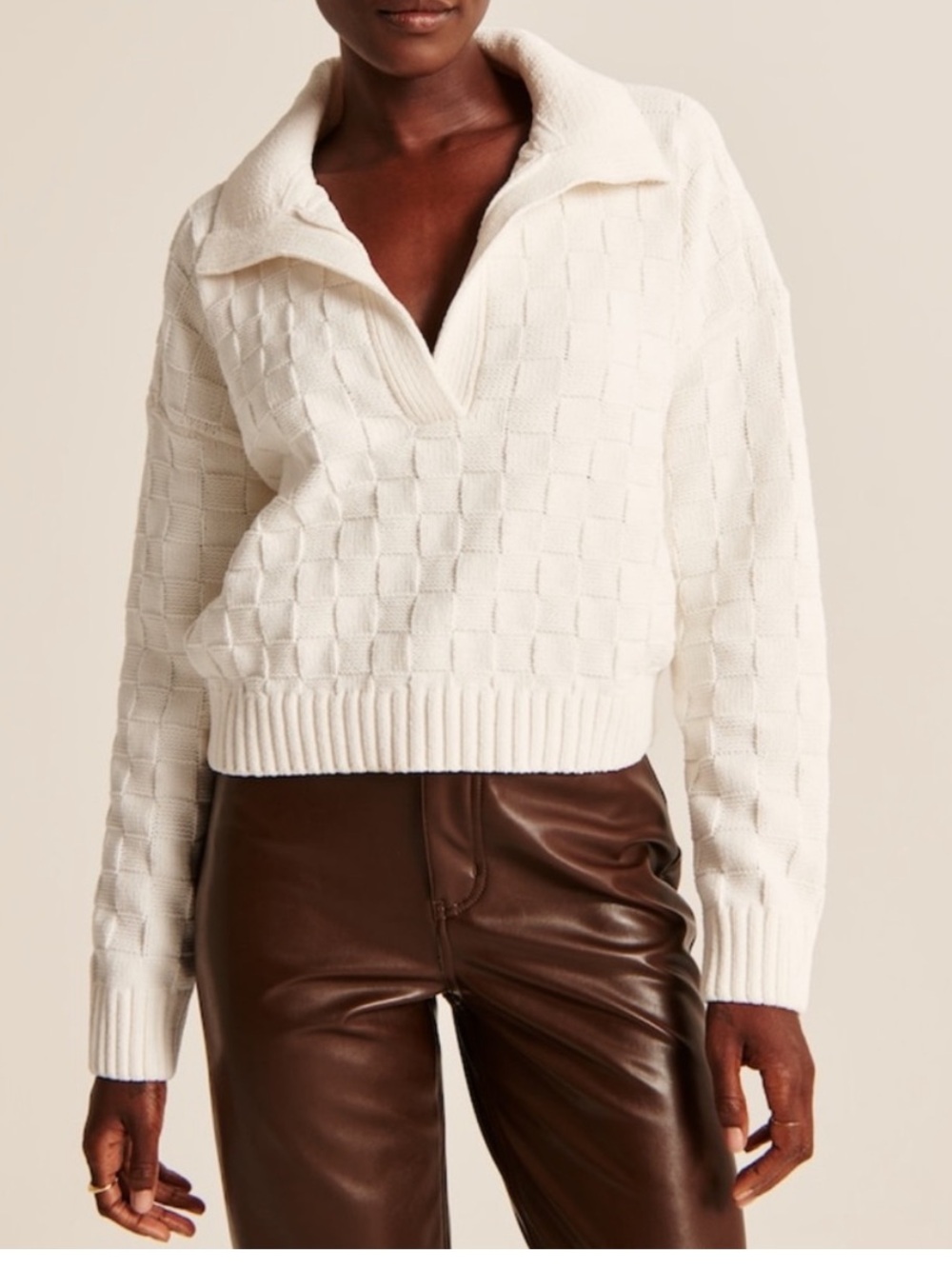 Abercrombie & Fitch Cream Textured V-Neck Sweater